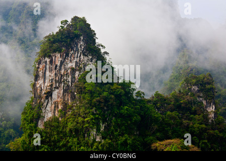 Rainforest mist lingers in the KARST FORMATION of KHAO SOK NATIONAL PARK - SURAI THANI PROVENCE, THAILAND Stock Photo