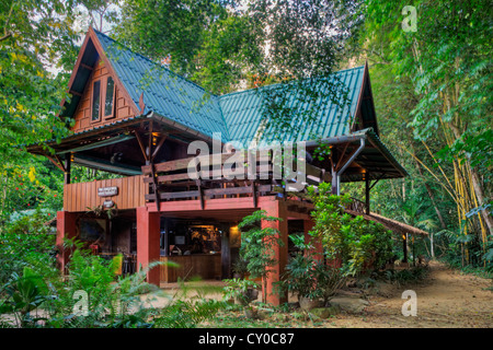 The main LODGE at OUR JUNGLE HOUSE nestled in the rainforest near KHAO SOK NATIONAL PARK - SURATHANI PROVENCE, THAILAND Stock Photo