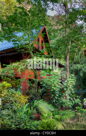 The main LODGE at OUR JUNGLE HOUSE nestled in the rainforest near KHAO SOK NATIONAL PARK - SURATHANI PROVENCE, THAILAND Stock Photo