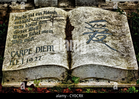 Stone book inscribed with carpe diem at the Historical Cemetery in Weimar, Thuringia Stock Photo