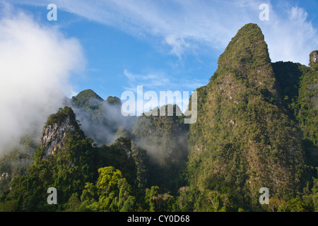 Rainforest mist lingers in the KARST FORMATION in KHAO SOK NATIONAL PARK - SURAI THANI PROVENCE, THAILAND Stock Photo