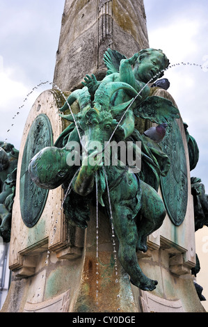 Angel figure and a billy-goat, detail view of Luitpoltbrunnen fountain, built in 1898, market square, Kulmbach, Upper Franconia