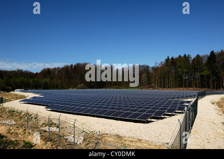 Large fenced photovoltaic power plant on a waste disposal site, completed in April 2012, Betzenstein, Upper Franconia, Bavaria Stock Photo