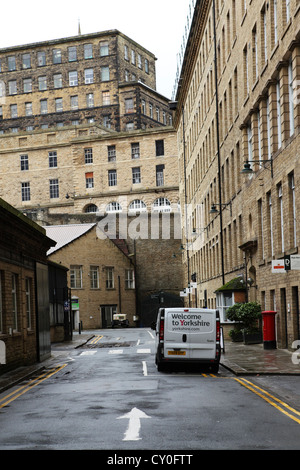 A Welcome to Yorkshire van is parked at Dean Clough Mills in Halifax, West Yorkshire, England. Stock Photo