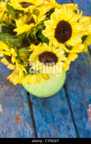 A bouquet of autumn sunflowers in a vase on a grungy wooden table. Stock Photo