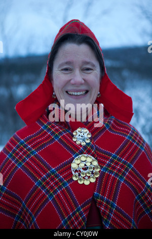 Sami Woman in Traditional Dress & Drinking Cup, Inari, Lemmenjoki ...