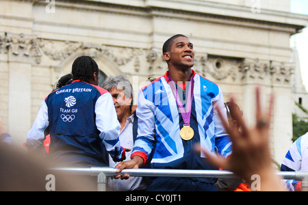 Anthony Joshua, Olympic Gold Medalist on the London 2012 Olympic Parade; through the streets of London Stock Photo