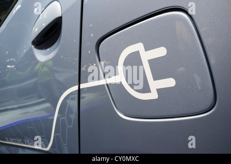 Detail of symbol on electric car for plug-in recharging at Paris Motor Show 2012 Stock Photo