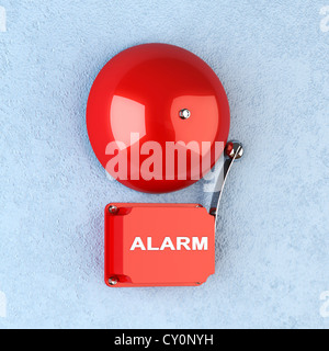 3d render of red retro alarm on blue wall Stock Photo