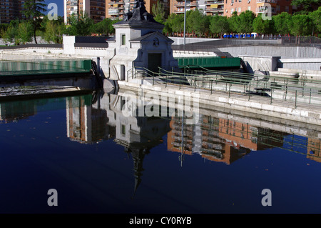 Restored old dam on river Manzanares, part of 'Madrid Rio' project Stock Photo