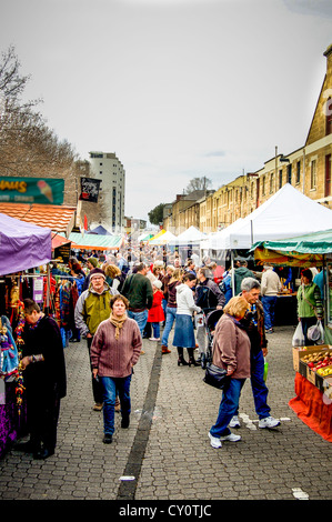 Bustling Saturday market at Salamanca Place in Hobart, Tasmania, Australia on a winter day. Stock Photo