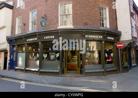 Starbuck's on Stonegate in York with a no entry sign to the right on the image Stock Photo