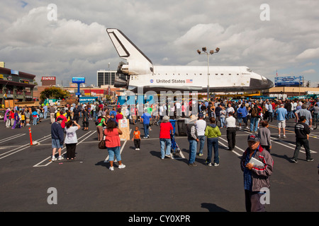 Space Shuttle Endeavor in a parking lot for public viewing on Oct 12, 2012 before being moved to its final destination. Parking lot in Westchester, Los Angeles county, California Stock Photo