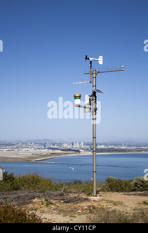 R.M. Young Marine Wind Monitor atop mast with radio relay equipment Stock Photo