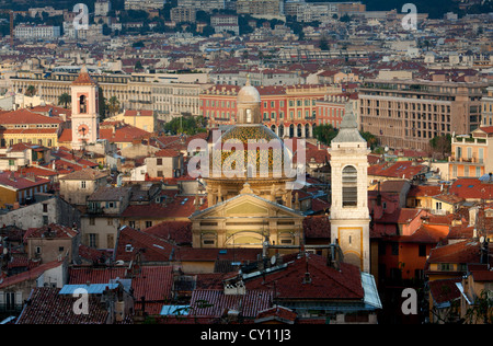 Vieux Nice - Old Town at sunrise with St Reparate Cathedral in foreground Nice Cote d'Azur Alpes-Maritimes France Stock Photo