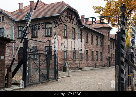 The entrance of the Auschwitz-Birkenau State Museum on October 28, 2007 in Oswiecim, Poland. Stock Photo