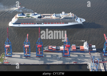 Aerial photos of Celebrity Silhouette, a cruise ship owned by Celebrity Cruises, sailing into the port of Hamburg in Germany. Stock Photo