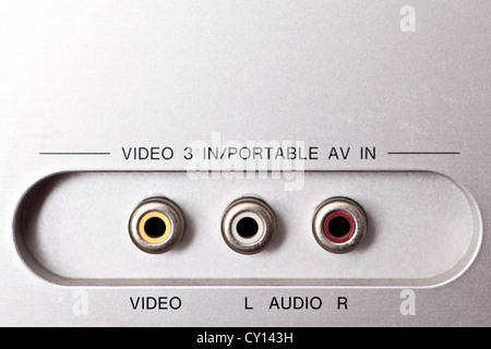 Audio and video sockets on the back of a stereo amplifier Stock Photo