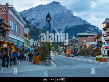 Banff Avenue in resort town of Banff in the Canadian Rocky Moutains located in the Banff National Park in Alberta, Canada. Stock Photo