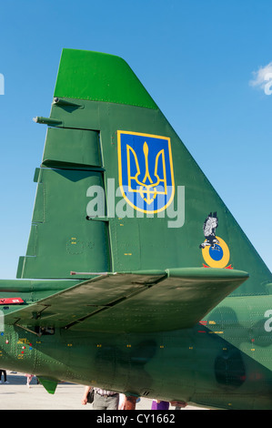 Camouflage and stencils on the tail of  combat plane Su-25. Stock Photo