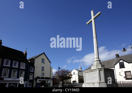 The lower cross with the town hall and jail in the background, Narberth, Pembrokeshire, Wales, UK. Stock Photo