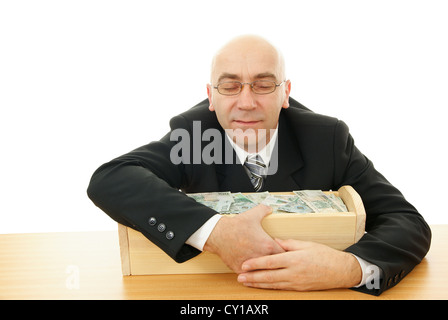 man keep trough with money on white background