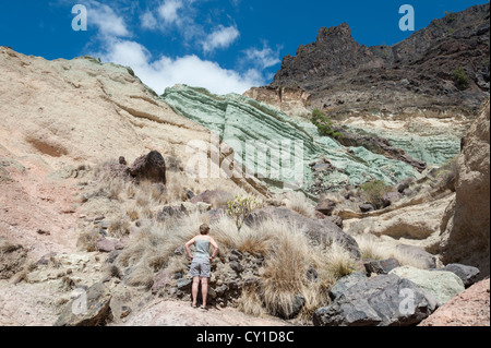 Coloured volcanic rocks at Fuente Los Azulejos, Gran Canaria, Canary Islands Spain, a popular tourist spot Stock Photo