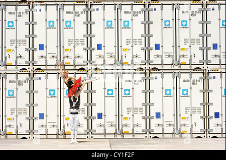 Dancers of the National Ballet of Panama, posing in the city port. Stock Photo