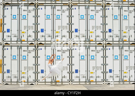 Dancers of the National Ballet of Panama, posing in the city port. Stock Photo