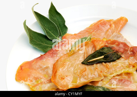 Saltimbocca alla Romana on a white background Stock Photo