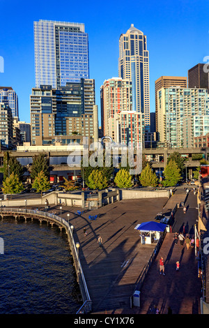 Seattle skyline and dock seen from the Great Wheel, a ferris wheel on Seattle's waterfront. Stock Photo