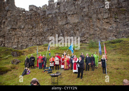 Believers in Odin, Thor and the other old Norse gods, gather at Thingvellir in Iceland in June 2012. Stock Photo