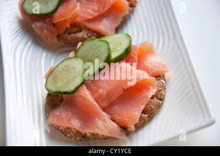 Pink Salmon Sandwich with cucumber Stock Photo