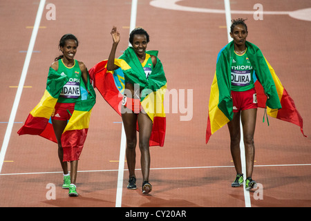 Tirunesh Dibaba (ETH) wins the gold medal in the women's 10000m with teammates Werknesh Kidane and Beleynesh Oljira Stock Photo