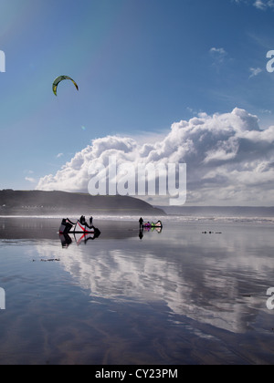 Kite surfers, Westward Ho!, Devon, UK Stock Photo