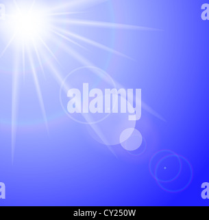 Realistic shining sun with lens flare. Blue sky with clouds background ...