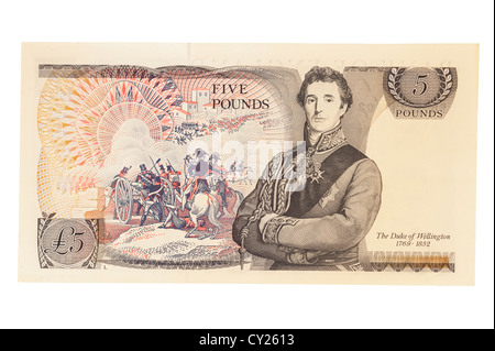 An old style five pound note ( english currency ) on a white background Stock Photo