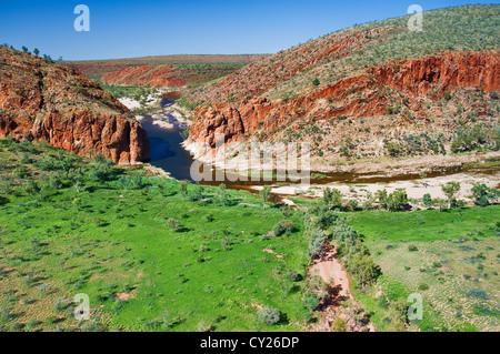 Aerial of Glen Helen Gorge gap after good rain. Stock Photo