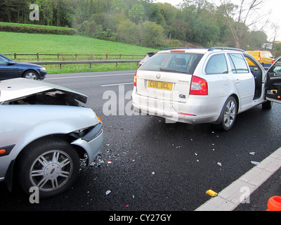 Motorway car crash, in the outside lane on the M4 near Newport in South Wales. Note this is a real accident. 19th October 2011 Stock Photo