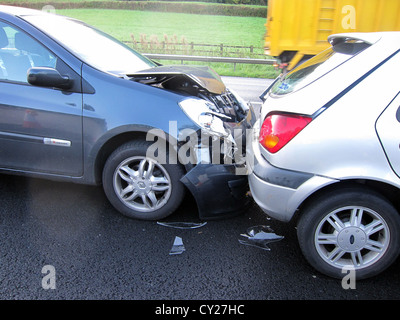October 2011 - Motorway car crash, in the right hand lane on the M4, Newport in South Wales, this was a real traffic accident. Stock Photo