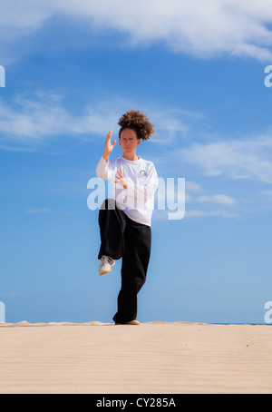 Young attractive woman making Thai-chi movements in the dunes by the ocean Stock Photo