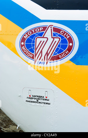 Upgraded Mi-2MSB ( MSB-2) helicopter. Motor Sich firm emblem onboard the helicopter. Stock Photo