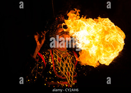 Fire breathing performer in Islamabad, Pakistan Stock Photo