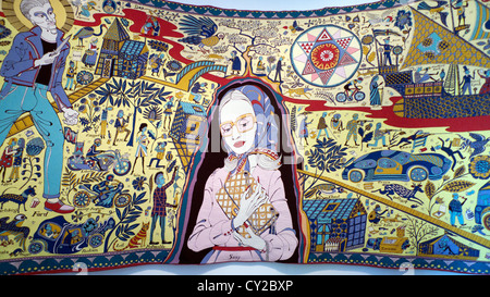 Grayson Perry Walthamstow Tapestry detail of woman clutching handbag & youth with switchblade knife at exhibition in London England UK   KATHY DEWITT Stock Photo