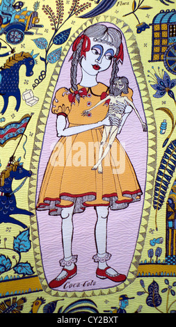 Grayson Perry Walthamstow Tapestry detail of a young girl holding a figure at exhibition in London England UK   KATHY DEWITT Stock Photo