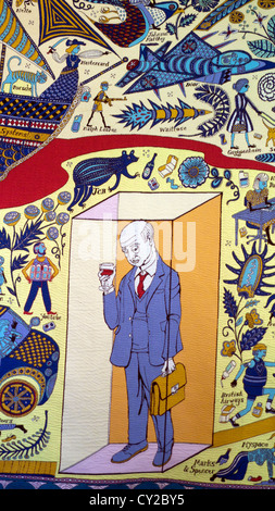 Grayson Perry Walthamstow Tapestry at exhibition detail of a depressed middle-aged businessman with briefcase holding a drink London UK KATHY DEWITT Stock Photo