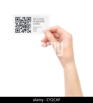 Female hand holding transparent business card with QR code information. Isolated on white. Stock Photo