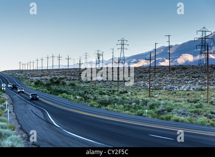 California 2012 - route 395, desert highway in the Owens Valley south of Lone Pine. With telegraph and power lines. Stock Photo