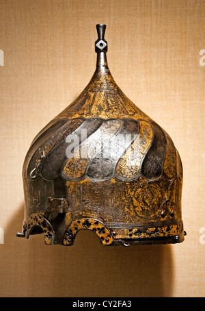 Turban Helmet late 15th century Iranian Steel engraved damascened with gold and silver Ak-Koyunlu Turkoman  Iran Anatolia 23 cm Stock Photo