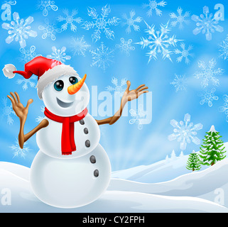 Christmas Snowman standing in a winter landscape with snowflakes and Christmas trees Stock Photo